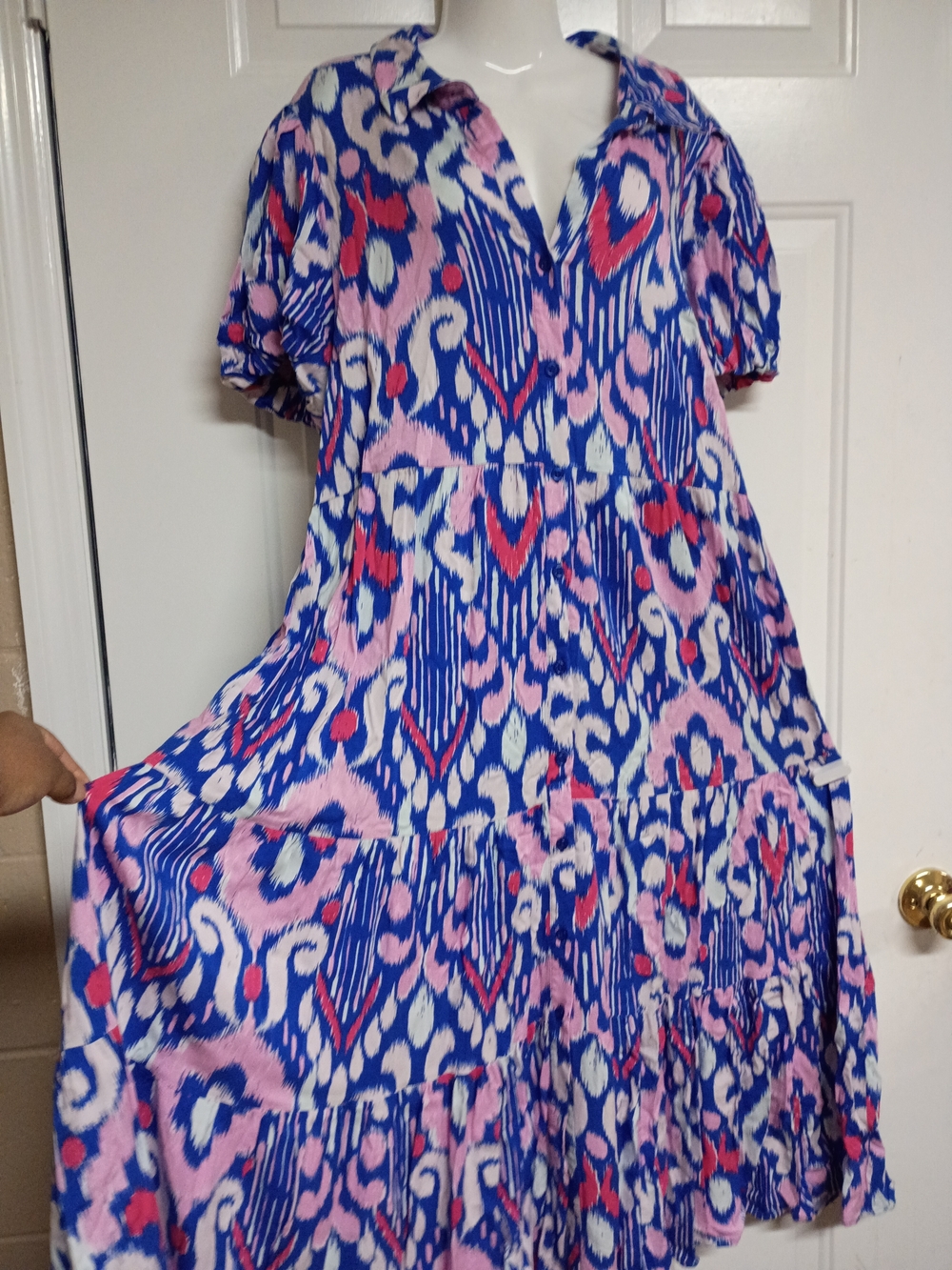 Blue & Pink Printed Tiered Women's Dress